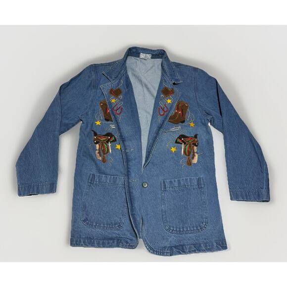 Vintage The Blue Denim Blazer Jacket M Western Embroidered Cowboy Boots Hats - Picture 1 of 10